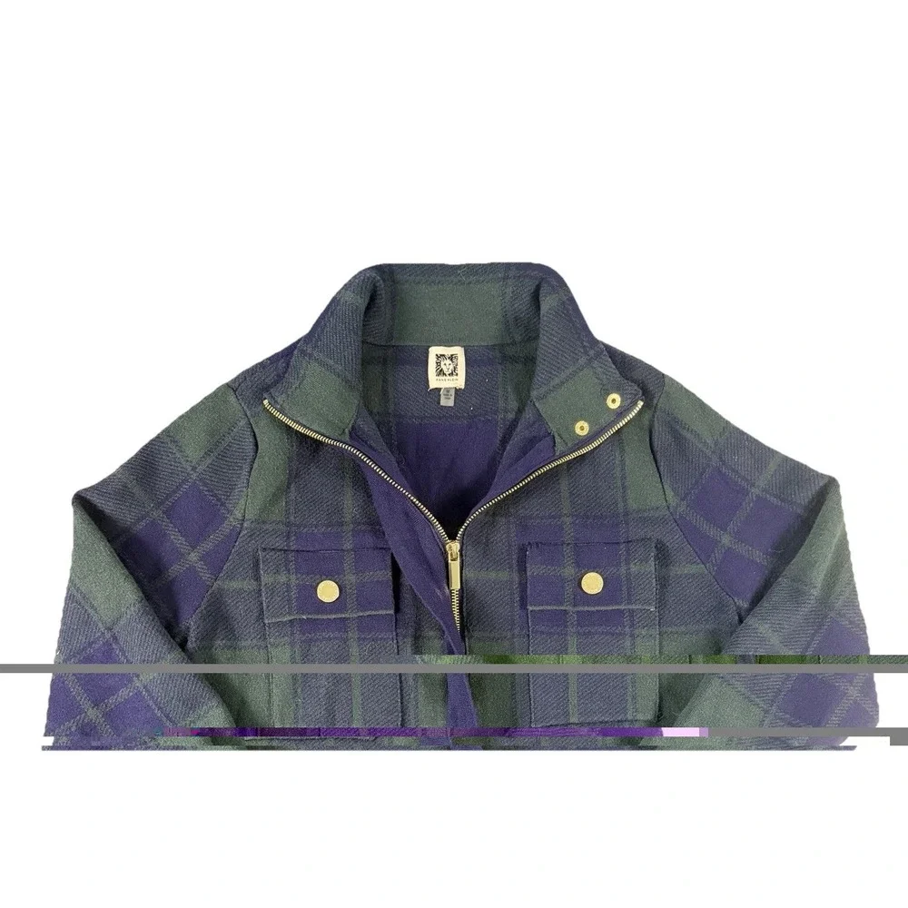 Anne Klein Plaid Sweater Jacket Womens Medium Blue Green Tartan Zip Up Mock Neck
